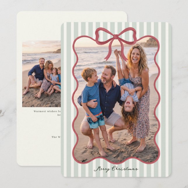 Green Bow Striped Christmas Photo Card (Front/Back)