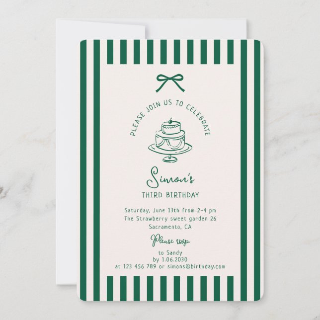 Green Bow, Striped Green birthday  Invitation (Front)