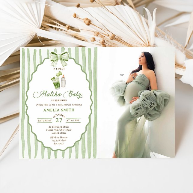 Green Bow Stripes Matcha Baby Shower Invitation (Creator Uploaded)
