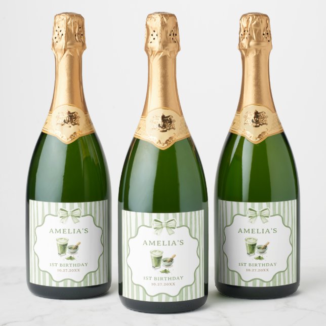 Green Bow Stripes Matcha Birthday Sparkling Wine Label (Bottles)