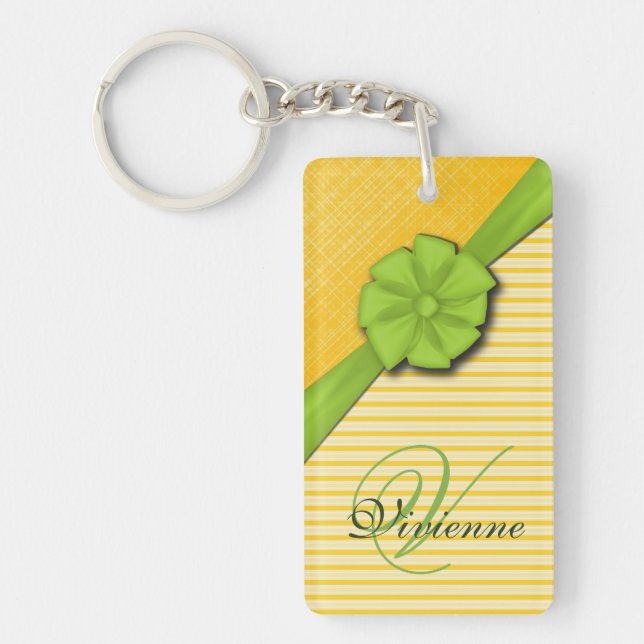 Green Bow, Two Tone Yellow Stripes Sunny Fabric Key Ring (Front)