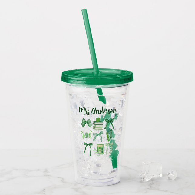 Green Bows Elementary Teacher St Patrick's Day  Acrylic Tumbler (Front Ice)