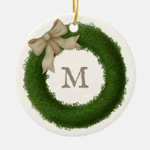 Green Boxwood Wreath Monogrammed Custom Ceramic Tree Decoration