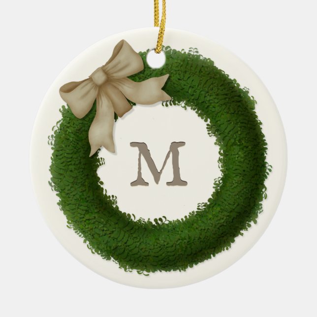 Green Boxwood Wreath Monogrammed Custom Ceramic Tree Decoration (Front)