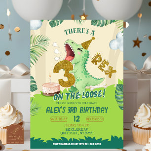 Green Boy Dinosaur Theme 3-Rex Third Birthday Invitation