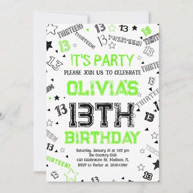 Green Boy Number Thirteen Birthday Party Invitation (Front)