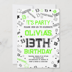 Green Boy Number Thirteen Birthday Party Invitation