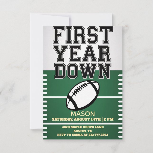 Green Boy's Football First Year Down 1st Birthday  Invitation (Front)