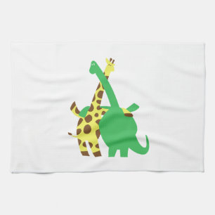Green Brachiosaurus and giraffe hugs cartoon Tea Towel