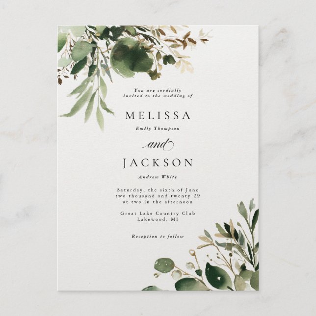 Green Branches and Cream Wedding Postcard (Front)