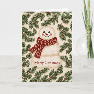 Green Branches Happy Snowman Red Scarf Christmas Card