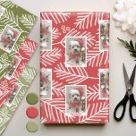 Green Branches Merry Calligraphy Photo white type Wrapping Paper Sheet<br><div class="desc">Use a vertical photo to make a unique and trendy Merry Christmas greeting with a bright and joyful pine branch pattern on the back. This design has an abstract feel to it with painted elements and a handwritten font. If you need to move anything around, click on the customise button...</div>
