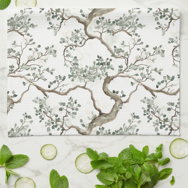 Green Branches Trees Tea Towel (Folded)