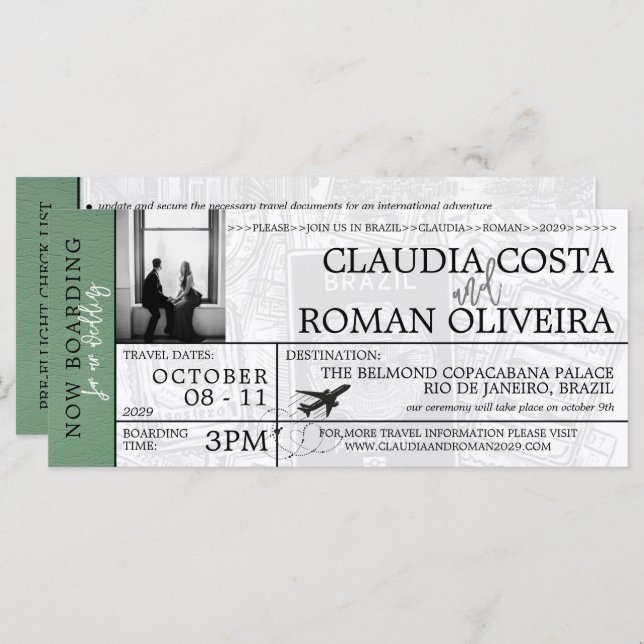 Green Brazil Wedding Boarding Pass Invitation (Front/Back)