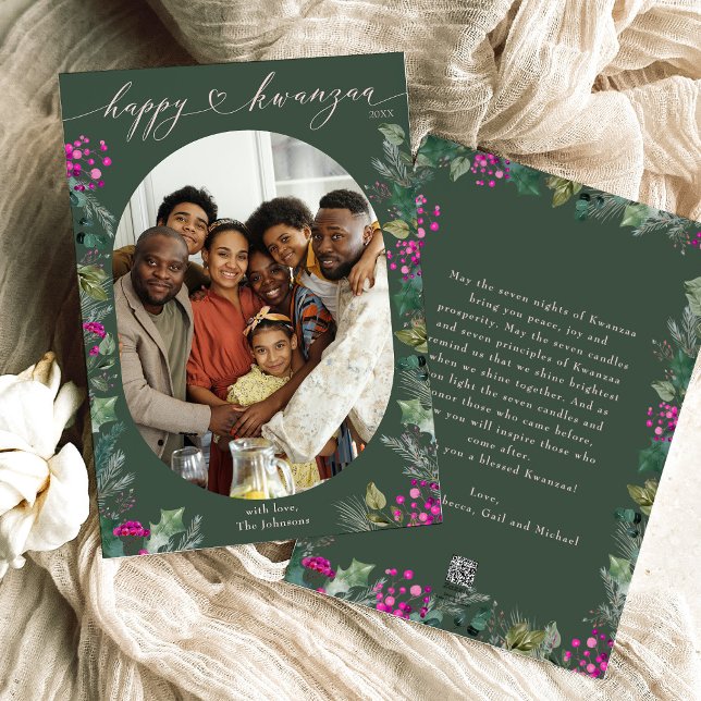 Green & Bright Pink Botanicals Happy Kwanzaa Photo Holiday Card (Creator Uploaded)