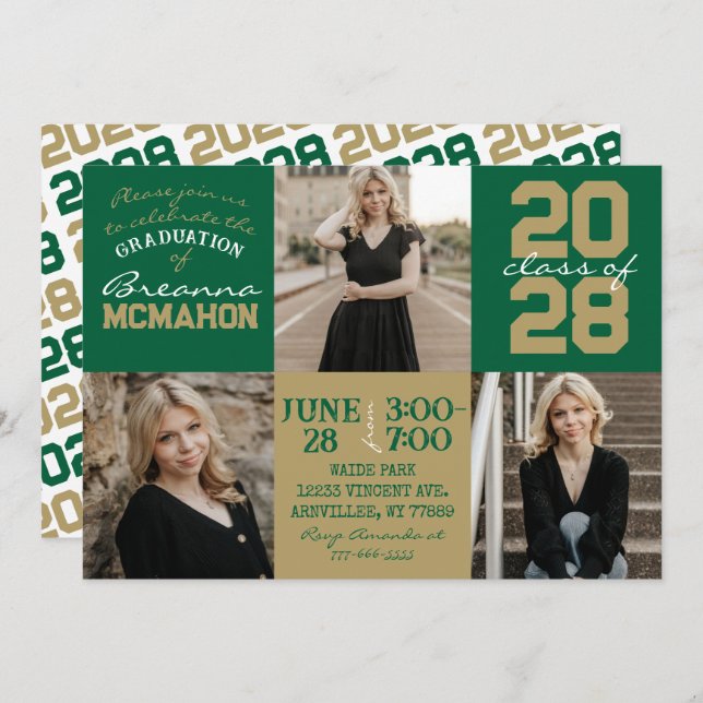 Green & Bronze Gold 3 Photo Graduation Invitation (Front/Back)