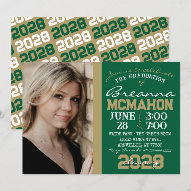 Green & Bronze Gold Graduation Photo Invitation (Front/Back)