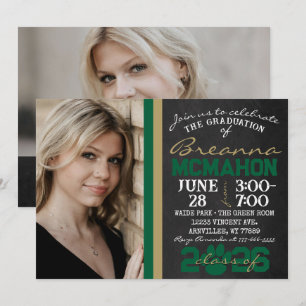 Green & Bronze Gold Paw Print Graduation 2 Photo Invitation