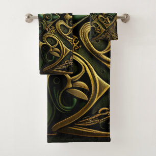 Green Bronze Ornamental Plaid Decoration Pattern Bath Towel Set