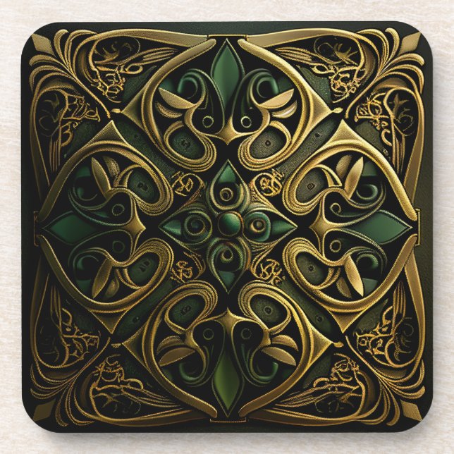 Green Bronze Ornamental Plaid Decoration Pattern Coaster (Front)