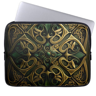 Green Bronze Ornamental Plaid Decoration Pattern Laptop Sleeve