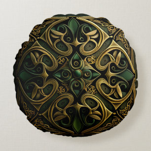 Green Bronze Ornamental Plaid Decoration Pattern Round Cushion