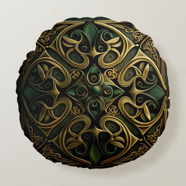 Green Bronze Ornamental Plaid Decoration Pattern Round Cushion (Front)