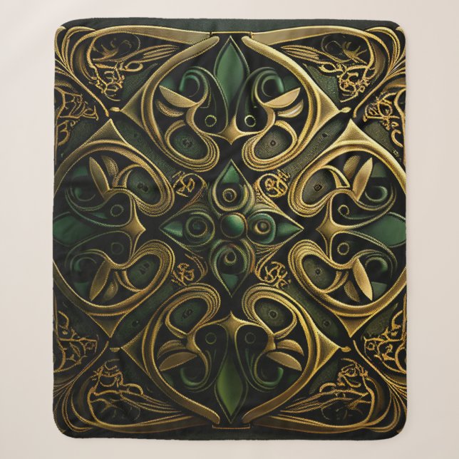 Green Bronze Ornamental Plaid Decoration Pattern Sherpa Blanket (Front)