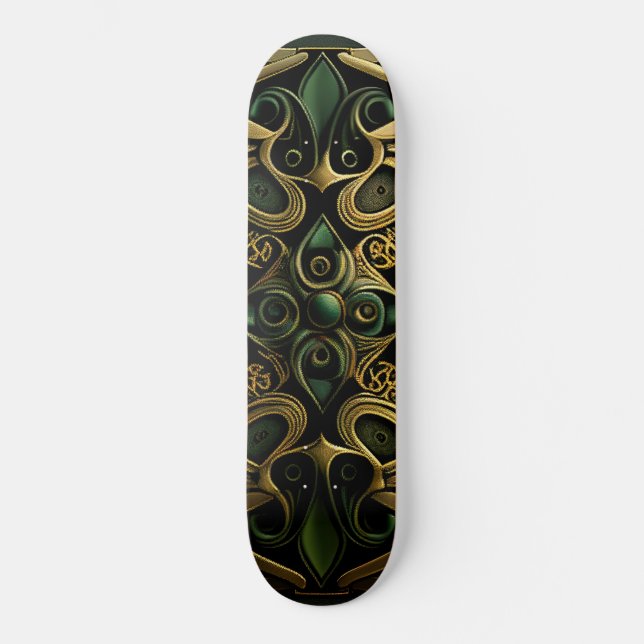 Green Bronze Ornamental Plaid Decoration Pattern Skateboard (Front)