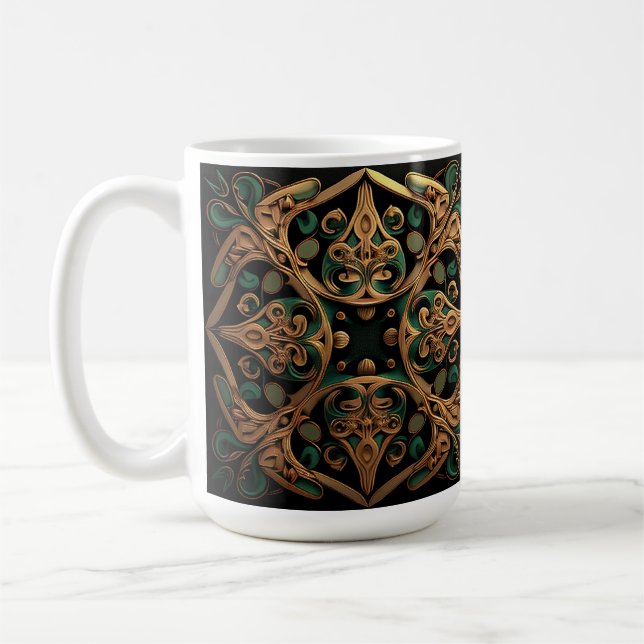 Green Bronze Ornamental Plaid Pattern Decoration Coffee Mug (Left)