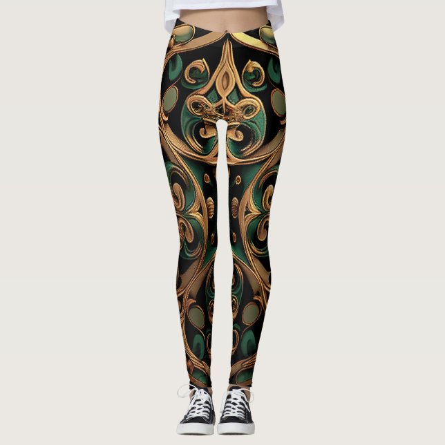 Green Bronze Ornamental Plaid Pattern Decoration Leggings (Front)