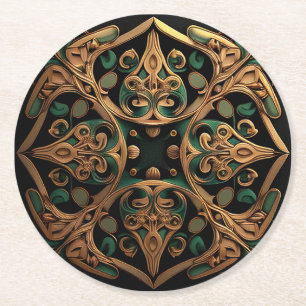 Green Bronze Ornamental Plaid Pattern Decoration Round Paper Coaster