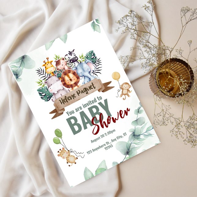 Green Brown Aesthetic Safari Animals Baby Shower Invitation (Creator Uploaded)
