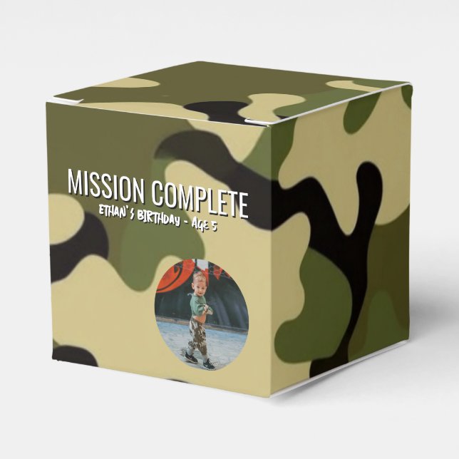 Green, Brown, and Tan Camo Mission Complete Favour Box (Front Side)