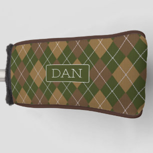 Green & Brown Argyle Camo Pattern with initials Golf Head Cover