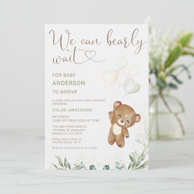 Green Brown Balloon We can Bearly Wait Baby Shower Invitation (Standing Front)