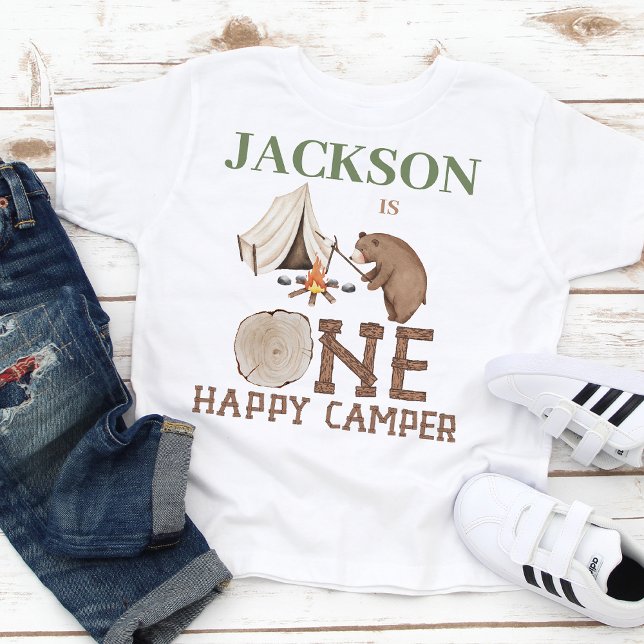 Green Brown Bear One Happy Camper 1st Birthday Baby T-Shirt (Happy Camper First Birthday T-shirt for Baby Boy, Wood-like Text, Camping Tent, Bear, Camp Fire)