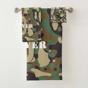 Green Brown Beige Camo Camouflage Monogram Name Bath Towel Set
