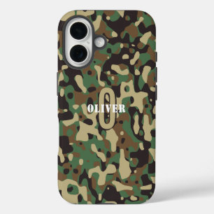 Green Brown Beige Camo Camouflage Monogram Name iPhone 16 Case