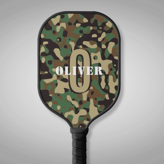 Green Brown Beige Camo Camouflage Monogram Name Pickleball Paddle (Creator Uploaded)