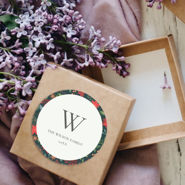 Green Brown Berry Christmas Flora Pattern Monogram Classic Round Sticker (Creator Uploaded)