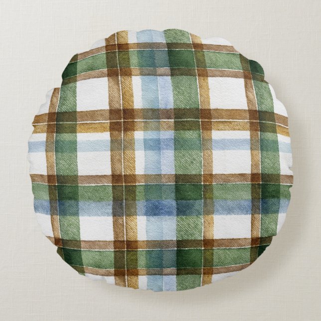 Green Brown Blue Plaid Stripes Round Cushion (Front)