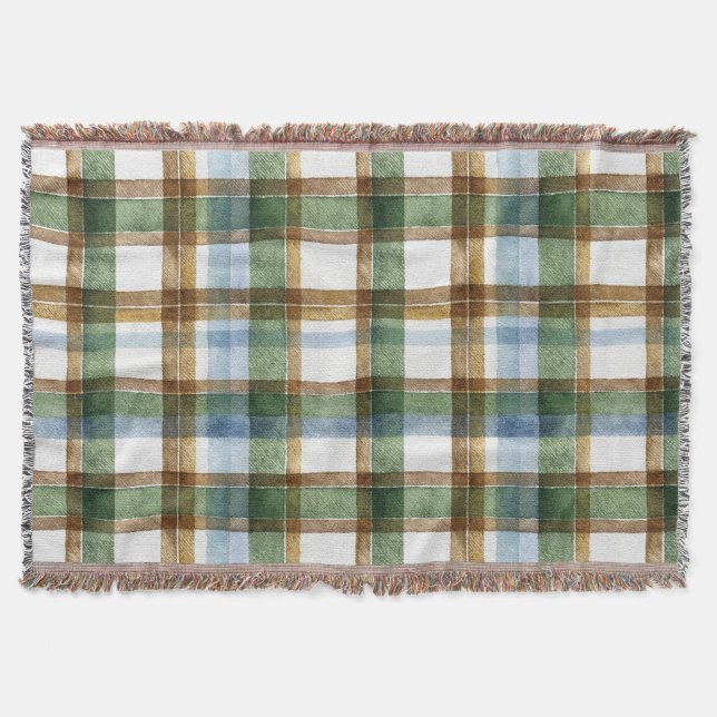 Green Brown Blue Plaid Stripes Throw Blanket (Front)