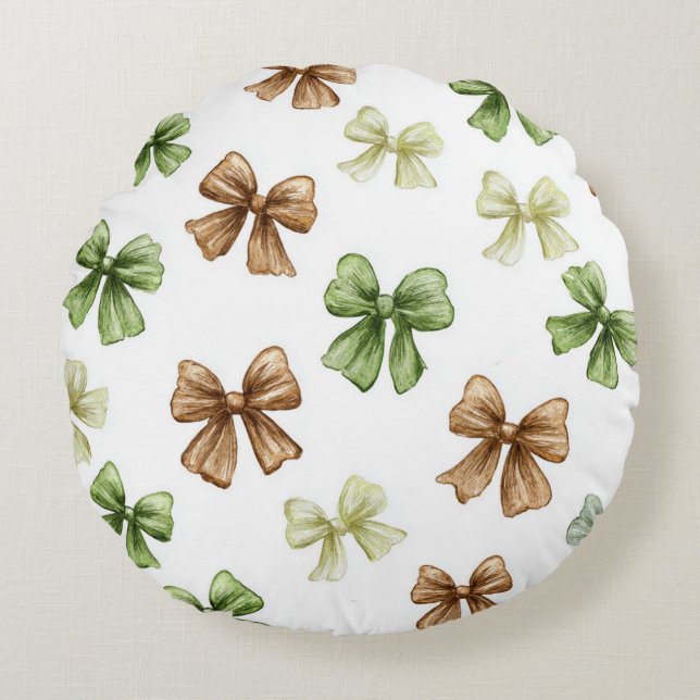 Green Brown Bows Butterflies Round Cushion (Front)