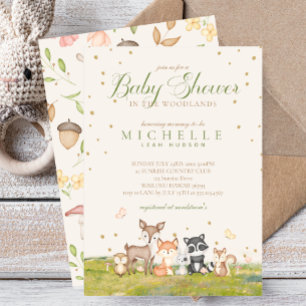 Green Brown Boy Watercolor Woodland Animals Invitation