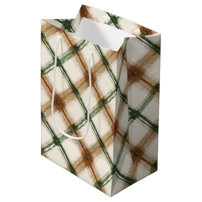 Green Brown Cream Plaid Stripes Birthday Medium Gift Bag (Front Angled)