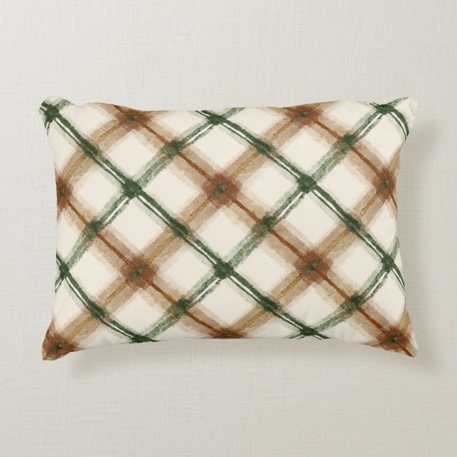 Green Brown Cream Plaid Stripes Decorative Cushion (Front)