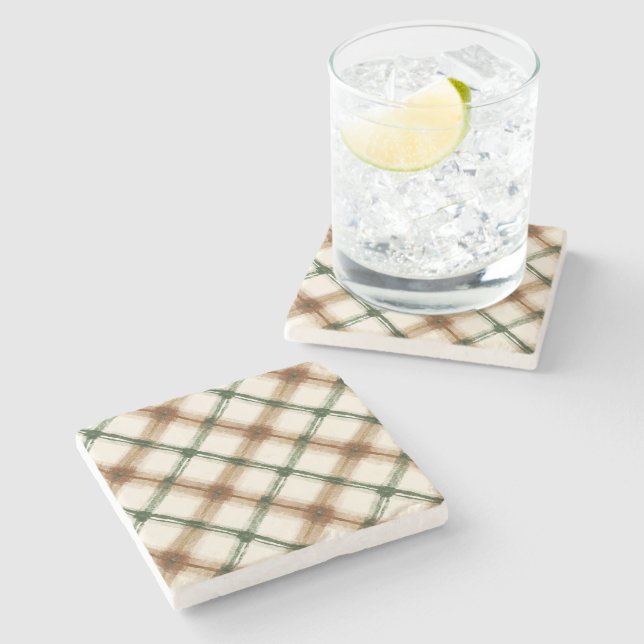 Green Brown Cream Plaid Stripes Stone Coaster (Side)