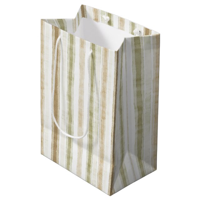 Green Brown Cream Stripes Birthday Medium Gift Bag (Front Angled)