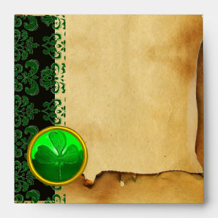 GREEN BROWN DAMASK PARCHMENT WITH SHAMROCK ,black Envelope